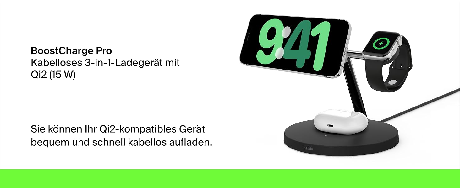 Belkin BoostCharge Pro 3-в-1 Бездротовий зарядний пристрій MagSafe для iPhone 13, Apple Watch та AirPods (15W, Чорний)