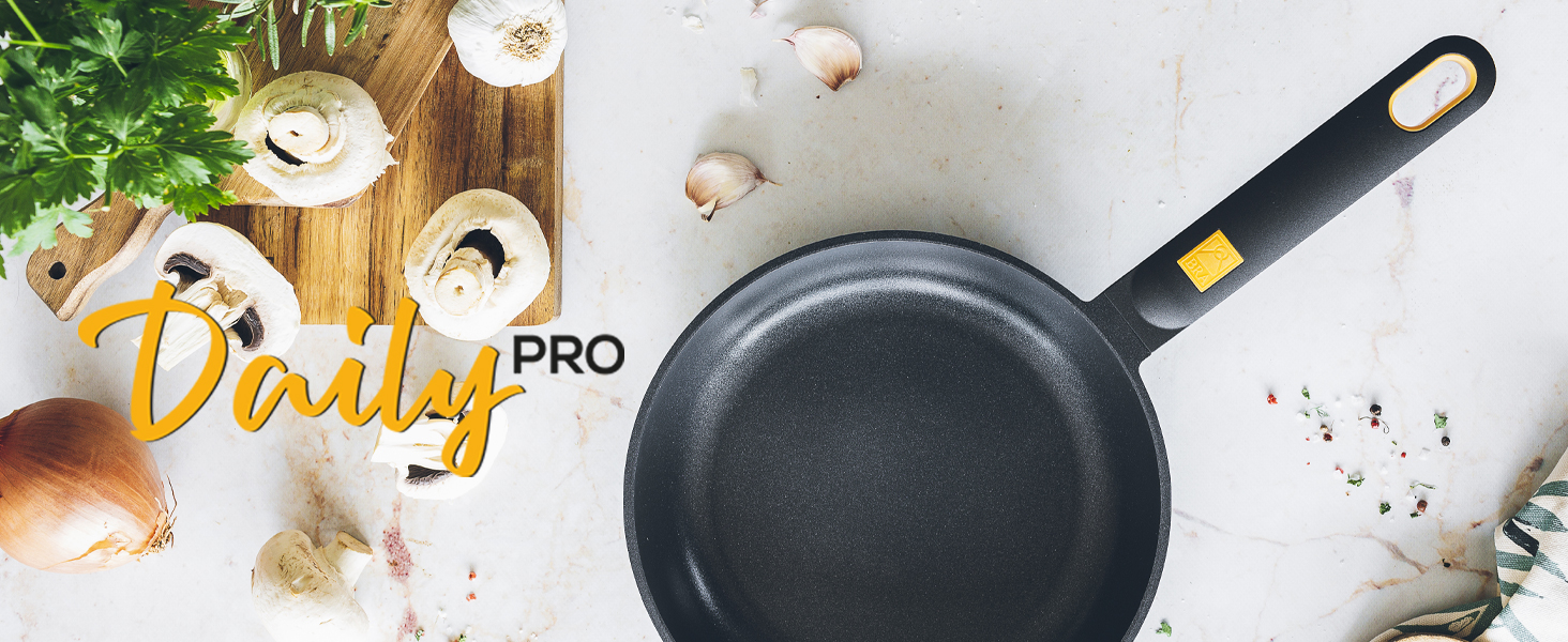 Набір сковорідок BRA Daily Pro 3 шт. з алюмінію, 20-24-28 см, антипригарне покриття без PFOA, для всіх плит (індукція), чорний та жовтий