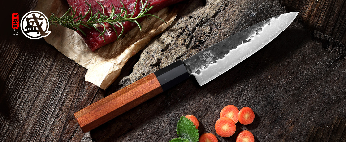 Японський ніж Santoku Mitsumoto Sakari 19 см з ручкою з рожевого дерева та дерев'яною коробкою, ніж для овочів 14 см