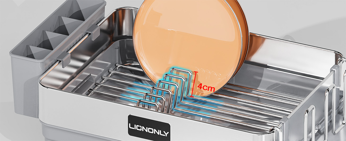 Сушилка для посуду LionOnly, 2-ярусна, з нержавіючої сталі 304, для мийки, регульований злив, тримач для столових приборів та чашок, сірий, 48x32x45 см