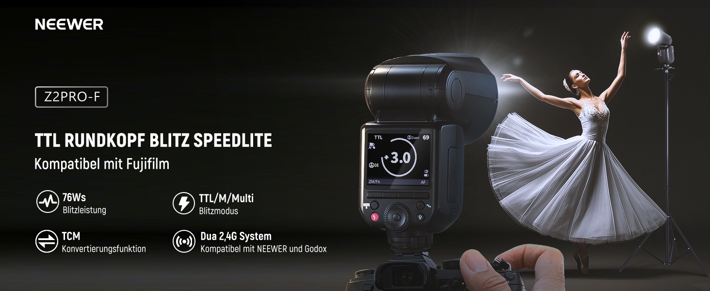 NEEWER Z2-N: Спалах 2.4G TTL з круглим голівкою для Nikon, 76W, покращена панель керування, моделювальна лампа, TTL/M, HSS 1/8000s, акумулятор 2600mAh