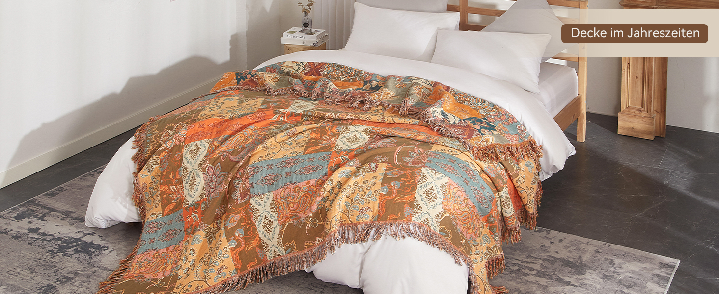 Богемна ковдра Boho Decke 100% бавовна – двостороння муслінова ковдра 150x200 см, м'яка ковдра для дивану та покривало на ліжко, естетичний дизайн, ідеально для вітальні та спальні, помаранчевий/зелений 150 x 200 см з квітковим візерунком