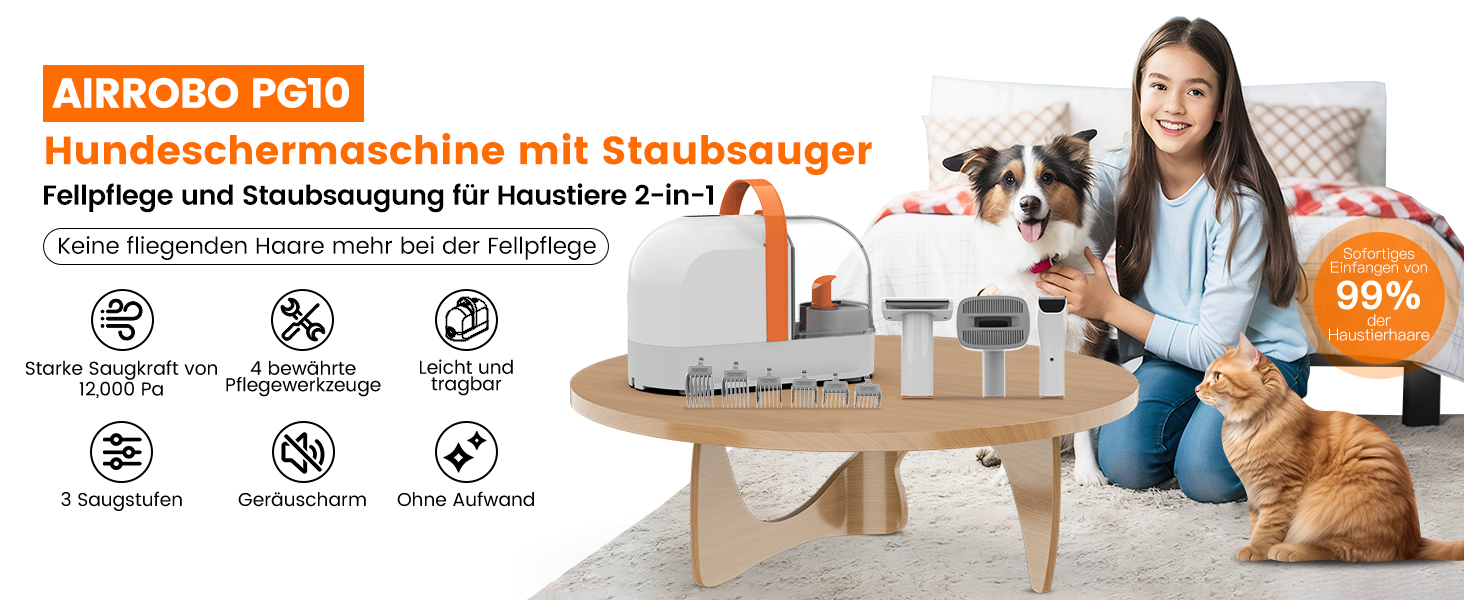Машинка для стрижки собак AIRROBO PG10 з пилососом 12000 Pa, щітка для собак, видалення шерсті для собак і котів, тиха машинка для стрижки собак з інструментами для грумінгу, контейнер для пилу 1.4L (білий)