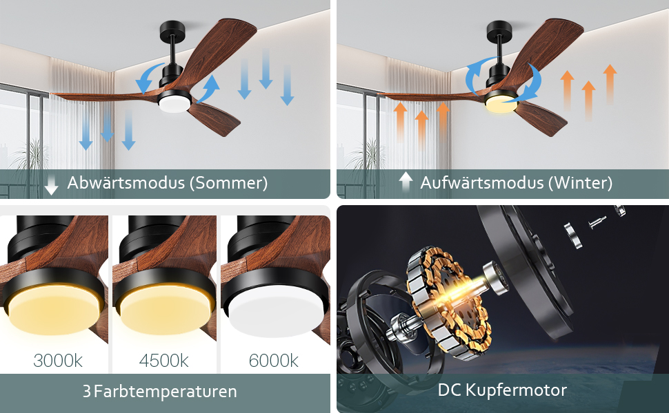 Стеляний вентилятор з підсвічуванням та пультом керування, тихий DC двигун, 132 см, 3 дерев'яних лопаті, таймер, 6 швидкостей, сертифікат ETL, режим літо/зима для спальні, коричневий