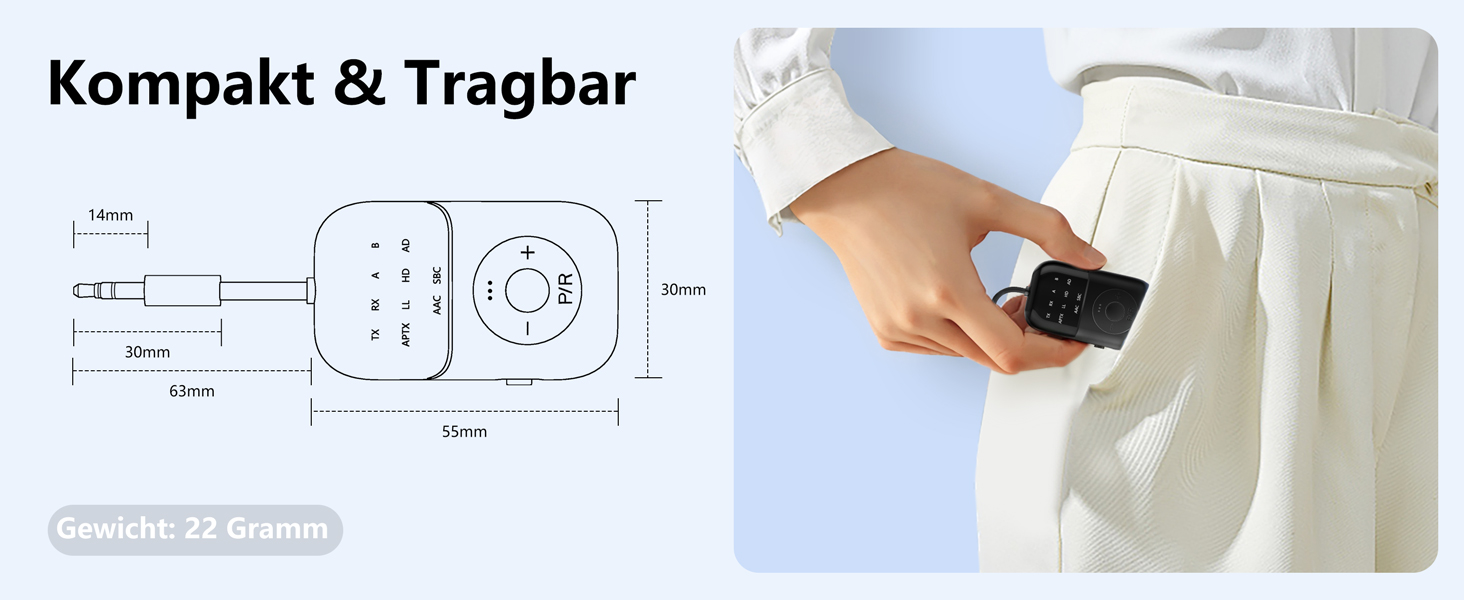 Bluetooth 5.4 адаптер 2-в-1 (передавач та приймач) з aptX Low Latency, 3.5 мм jack, для навушників, ТБ, авто та літака, чорний