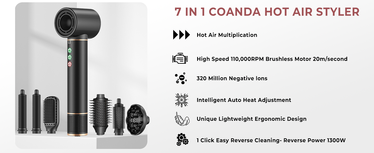 Професійний набір для укладки волосся 6 в 1 Air Styler Pro: фен, щітка, плойка, автоматична завивка, 1000W, для всіх типів волосся (чорний)