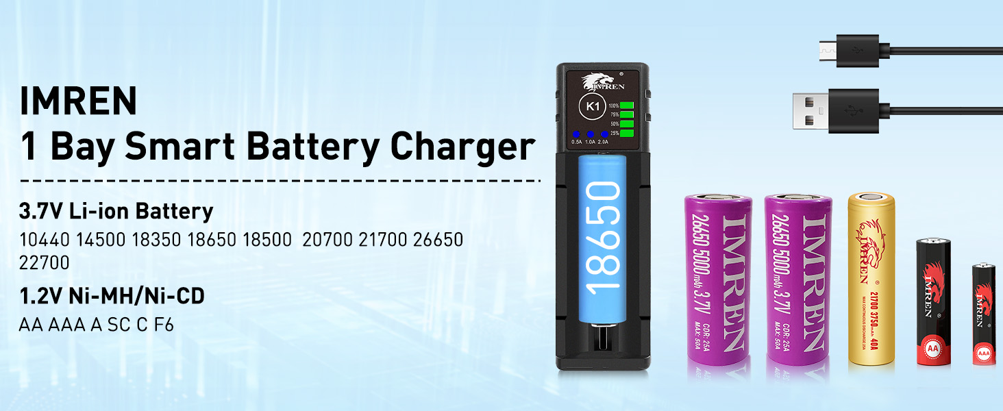 Зарядний пристрій IMREN 18650 з 4 слотами, 2A, USB-C, для акумуляторів 3.7V Li-Ion 18350 14500 14650 17500 18700 20700 21700 22650 26650 1.2V NI-MH/NI-Cd AA AAA C