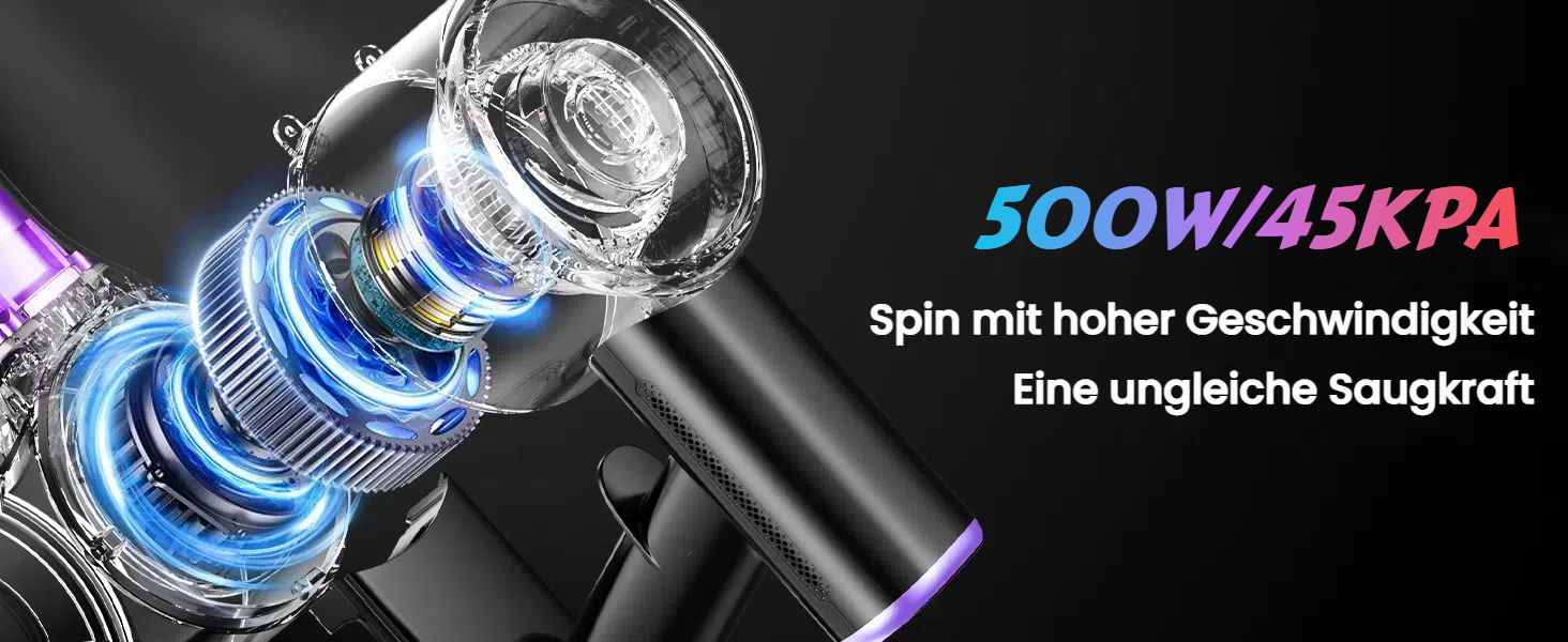 Бездротовий акумуляторний пилосос 45000 Па/500 Вт/45 хв з LED-дисплеєм та щіткою проти намотування, висувний шланг 73 см для твердих поверхонь, килимів, шерсті тварин, фіолетовий