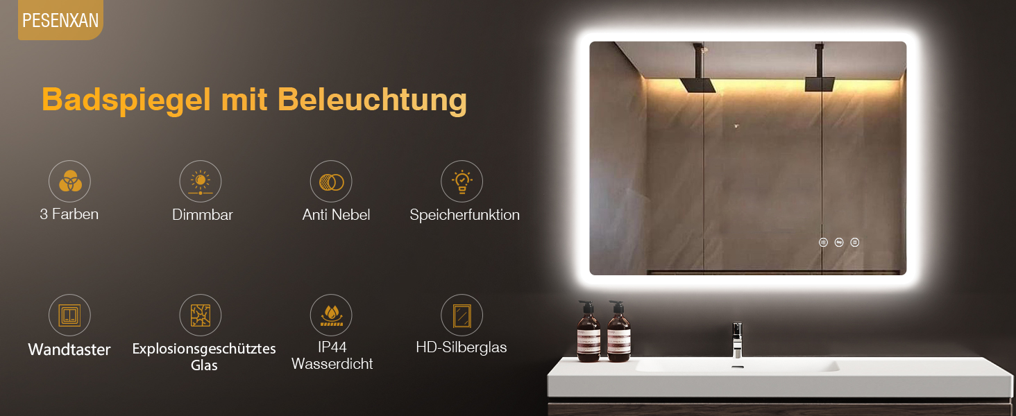 Дзеркало для ванної кімнати з підсвічуванням 80 x 60 см, 3 кольори, регульована яскравість, антизапар, 3x збільшення, розетка для бритви, IP44, для горизонтального/вертикального монтажу