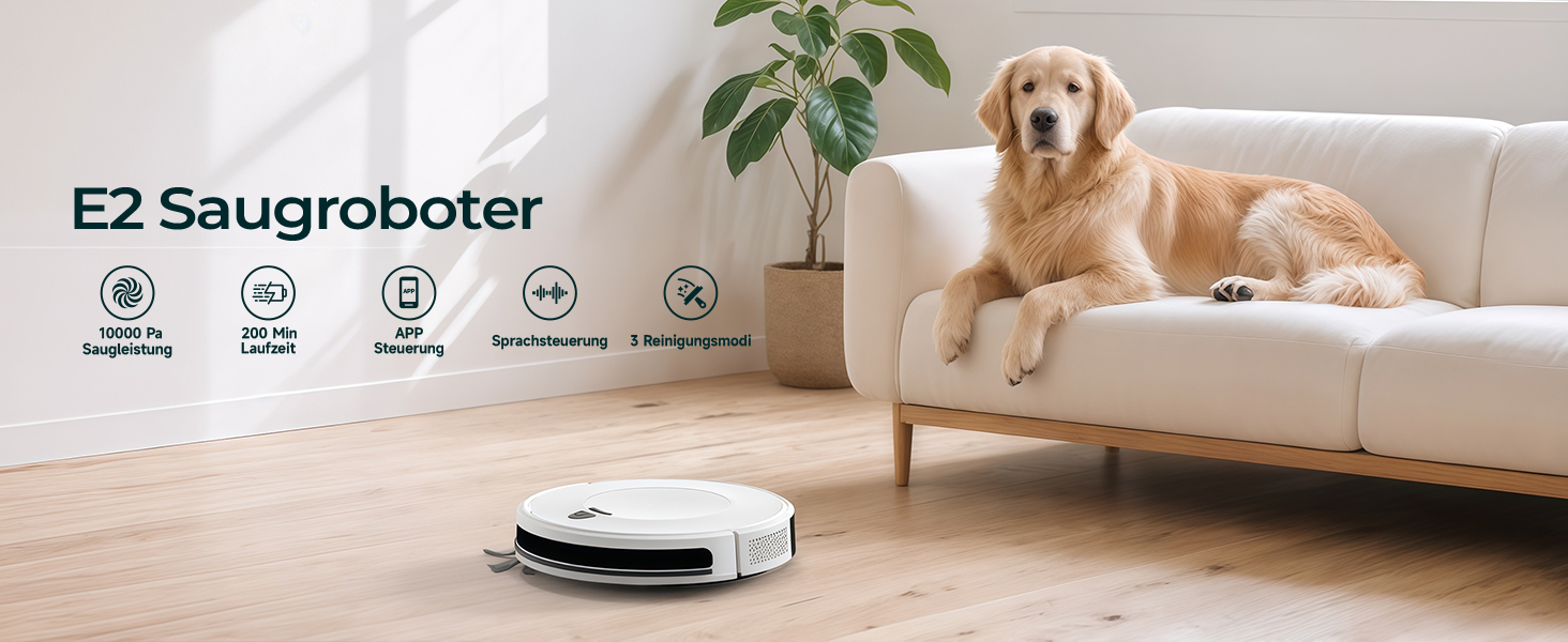 Робот-пилосос E2 з картографією, 10000 Па, 200 хв роботи, 660 мл, керування через додаток, голосовий помічник та пульт, для видалення шерсті та пилу
