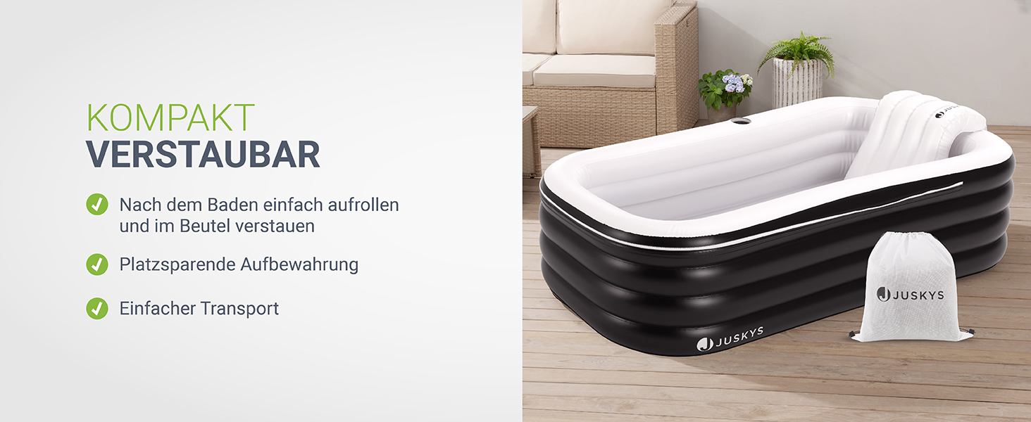 Надувна ванна Juskys L для відпочинку на відкритому повітрі: ванна для айсбергу, мобільна, з підголівником, з кришкою та насосом, чорна