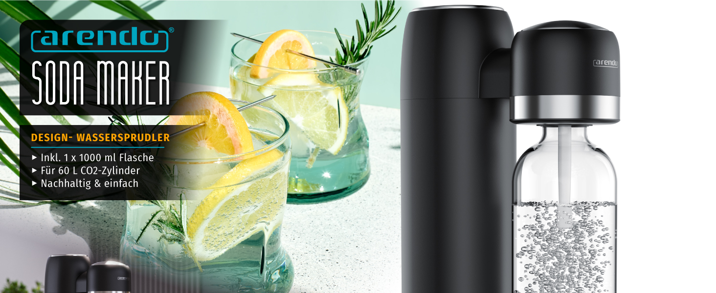 Arendo Soda Maker: Газова вода вдома - содовий напій, пляшка 1000 мл, BPA free, сумісний з CO2 балонами 60 л, чорний