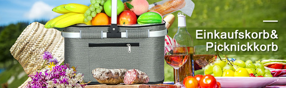 Термосумка-кошик 35L для покупок, пікніків, кемпінгу та подорожей. Ізольована термосумка-кошик сірого кольору з водонепроникним внутрішнім кишеньком та бічною підтримкою.