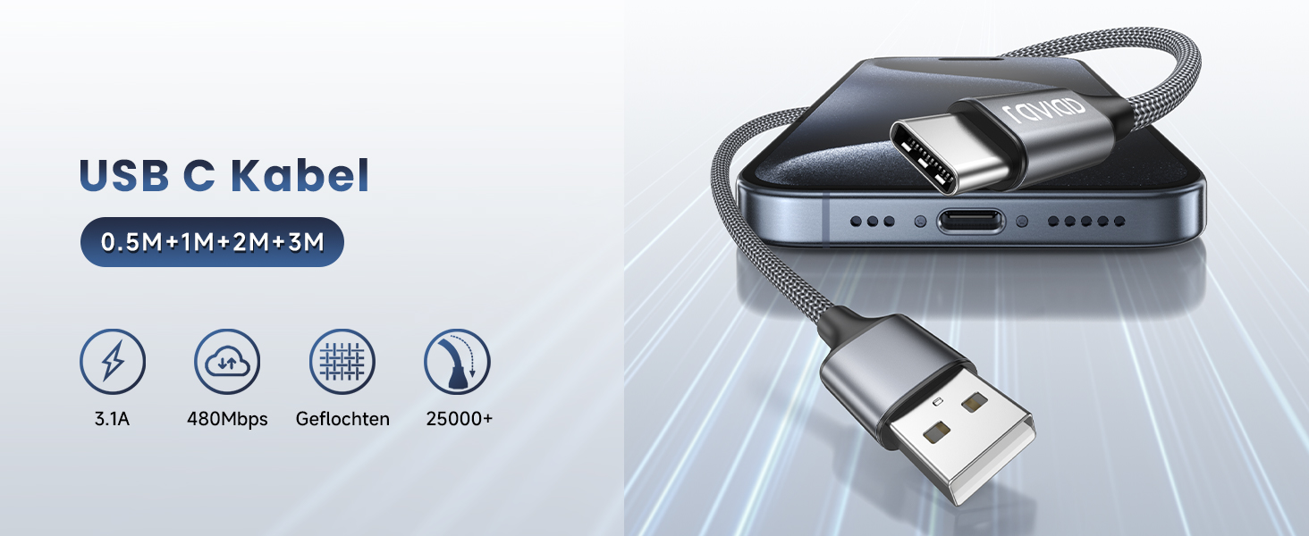 Кабель USB-C RAVIAD [4 шт. 0.5м, 1м, 2м, 3м] 3.1A, швидка зарядка, нейлон, для iPhone, Samsung, Huawei, сірий