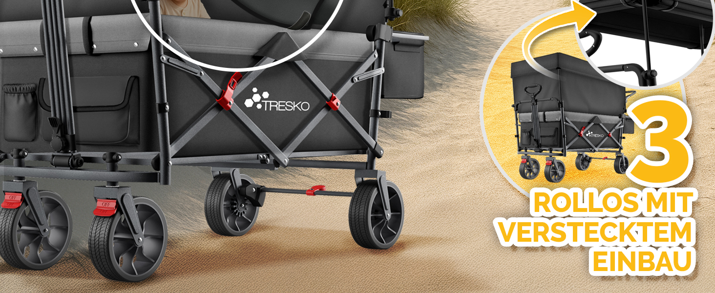 TRESKO® Вагончик-візок складний з дахом, кишеньою-холодильником та бічними шторками | Ручний візок, вантажопідйомність до 150 кг | Візок для перевезення з повного гумового покриття та гальмами (передні та задні) та 3-точкова система ременів безпеки (зелений)