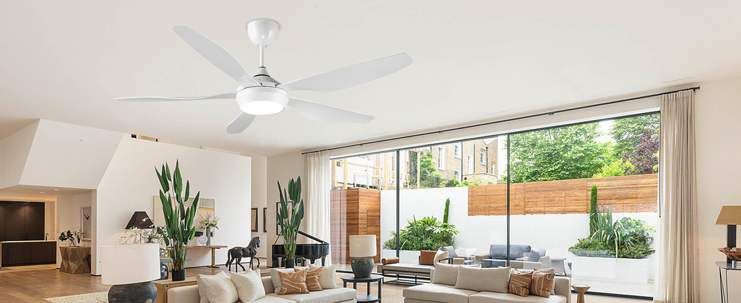 Стеляний вентилятор Reiga з LED-підсвічуванням та пультом керування, 132 см, білий, DC-двигун, тихий, 6 швидкостей, 3 колірні температури, для внутрішнього та зовнішнього використання (5 лопатей, білий)