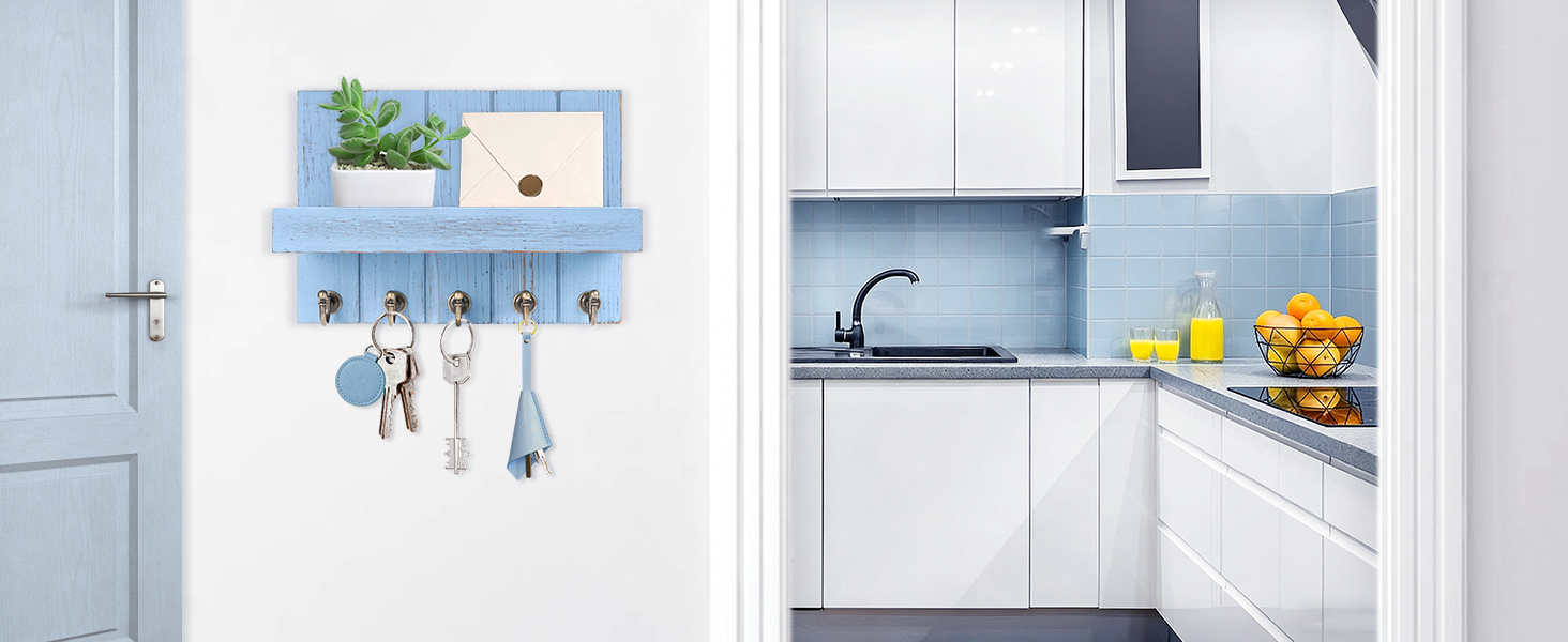 Дерев'яне ключниця з поличкою, 5 гачків, для прихожої, спальні, вітальні (Блакитний)