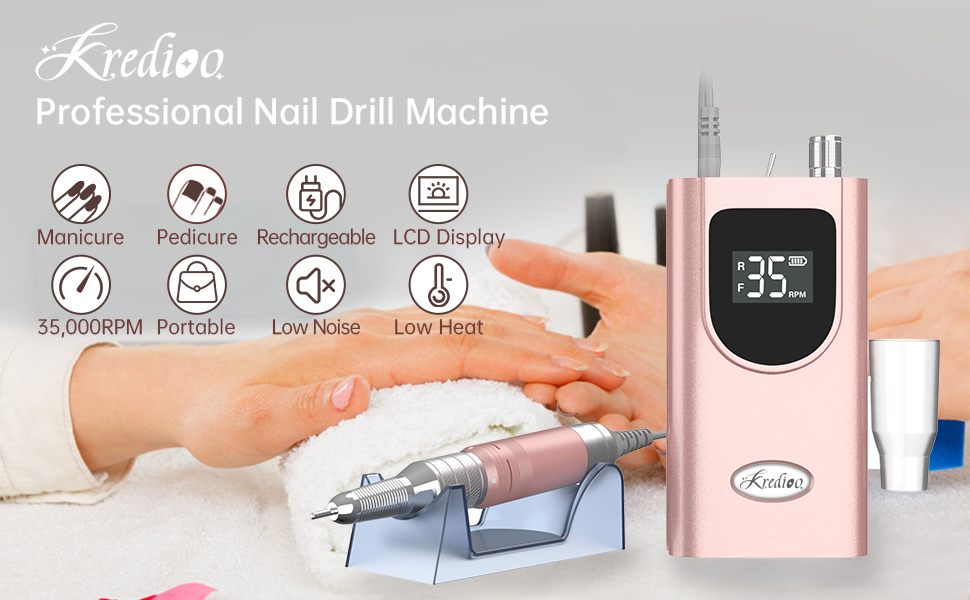 Електрична шліфувальна машинка для нігтів Kredioo з LED-дисплеєм, 35000 об/хв, для гелю та акрилу, 6 насадок, для професійного та домашнього використання, Champagner Gold