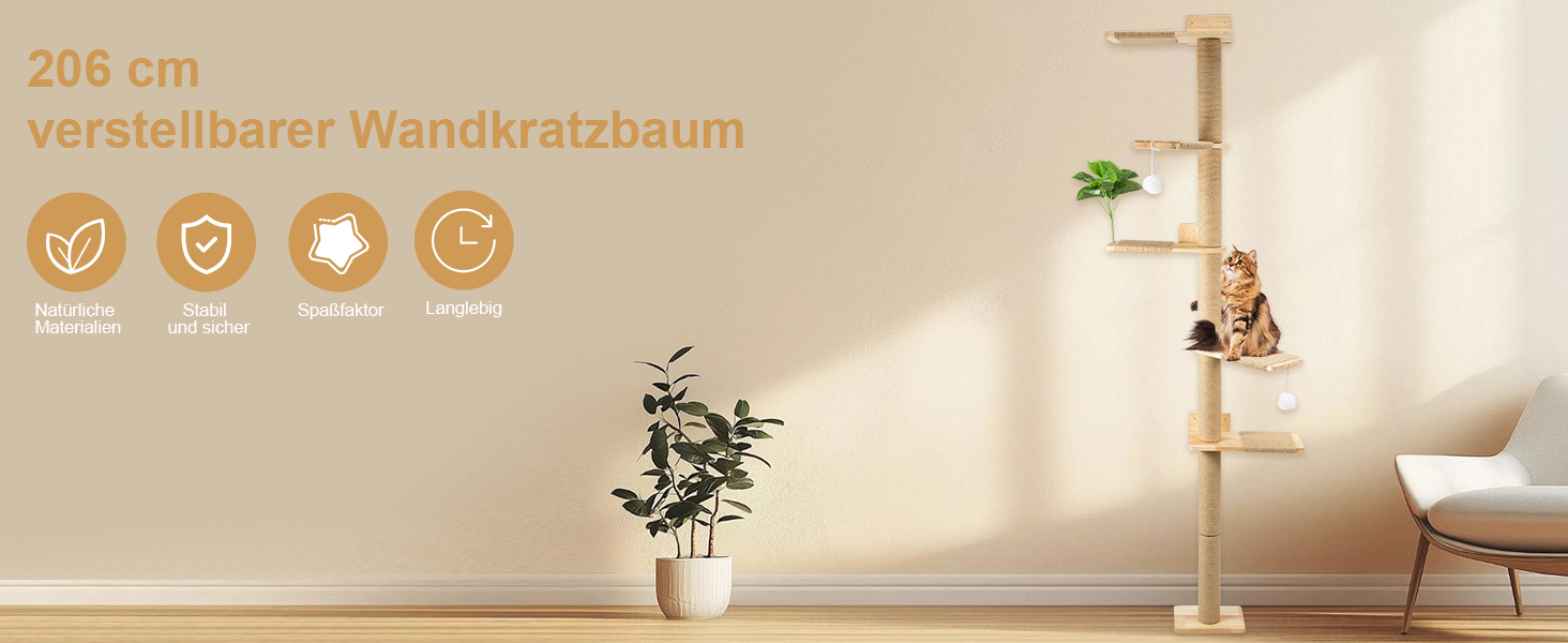 Кігтеточка-стійка для котів 206 см з натурального каучукового дерева, 5 ярусів, настінна, з широкою основою, плюшевими кульками, 360° обертання, XXL кігтеточка для котів для лазіння та дряпання