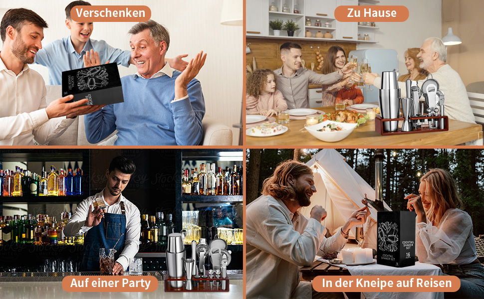 Набір для коктейлів Sosayet, нержавіюча сталь, з аксесуарами та рецептами, 750 мл, для початківців та професіоналів, подарунок для чоловіків (з підставкою)