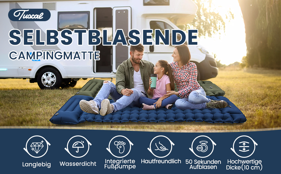 Надувний килимок для кемпінгу Tuocal Isomatte, 9 см, з вбудованим насосом, антиковзаюча поверхня, для відпочинку на природі, подорожей та наметів (блакитний)