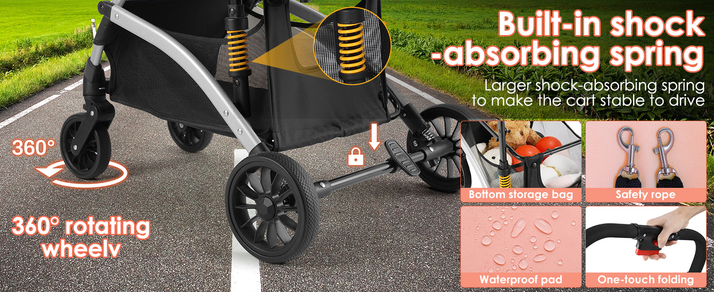 Візок для собак Mamizo 3-в-1: візок, переноска, сумка, до 20 кг, поворотні колеса, кошик, тримач для напоїв, для собак та котів (сріблястий, рожевий)