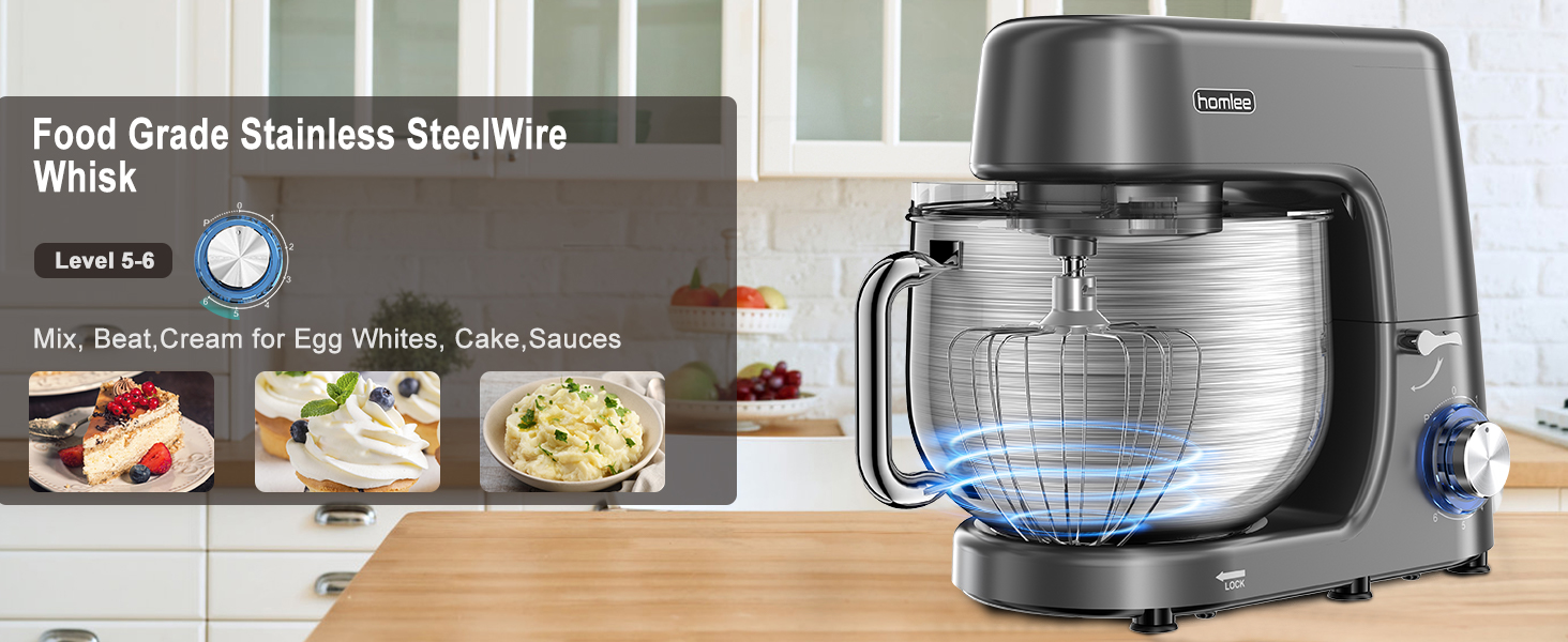 Кухонна машина-міксер 1800W з чашею 7.2L з нержавіючої сталі, 6 швидкостей, низький шум, мультифункціональна (сірий)