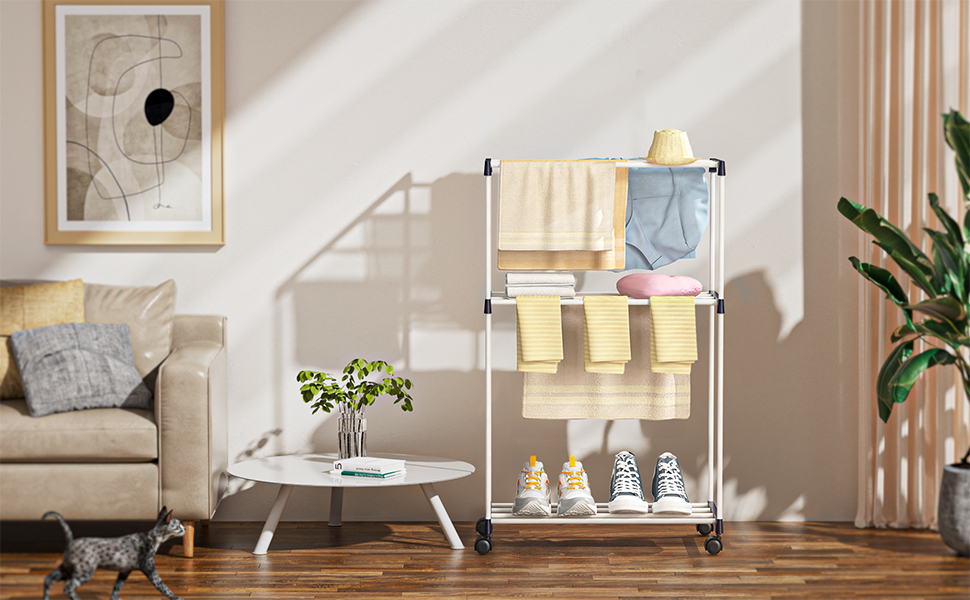 Сушарка для білизни мобільна, 3-ярусна, з коліщатками для ванної кімнати, квартири та пральні