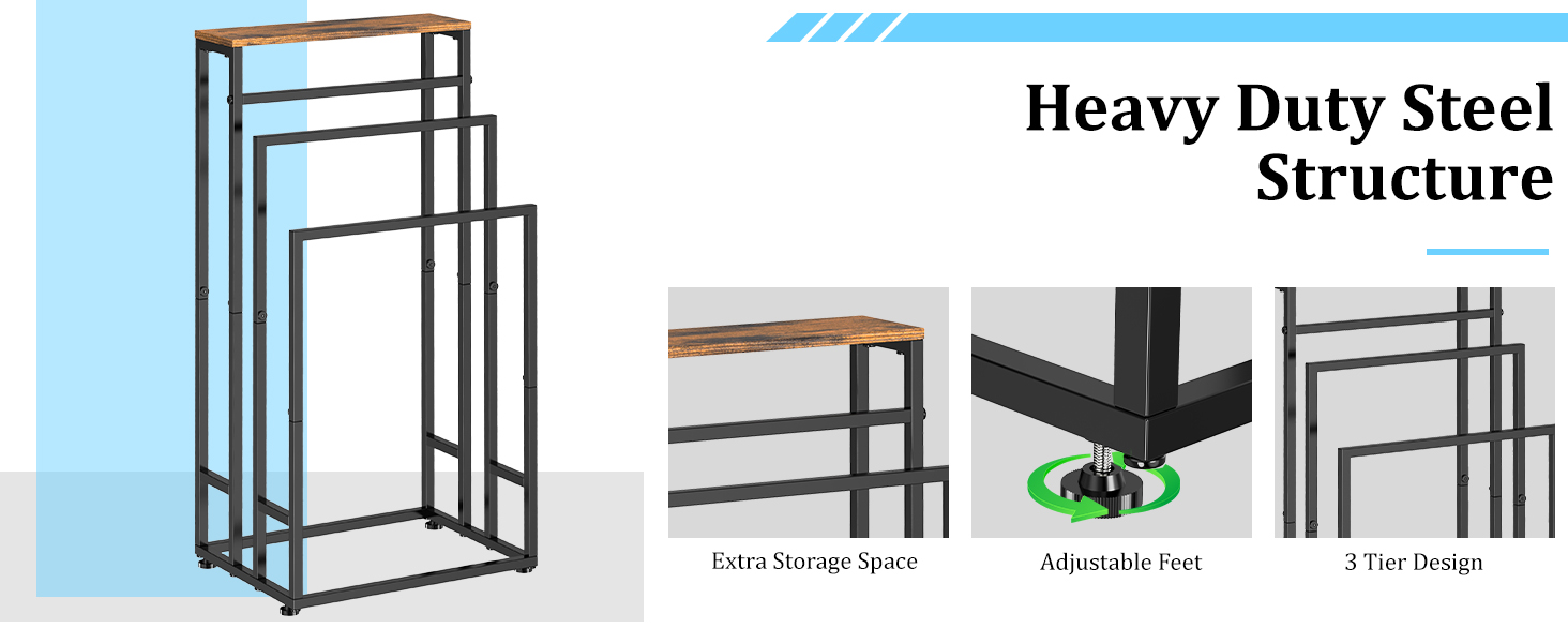 Підставка для рушників стояча, 3-ярусна з полицею з дерева, металева, з регульованими ніжками, для ванної кімнати та спальні, 40x30x82 см (колір: коричневий)