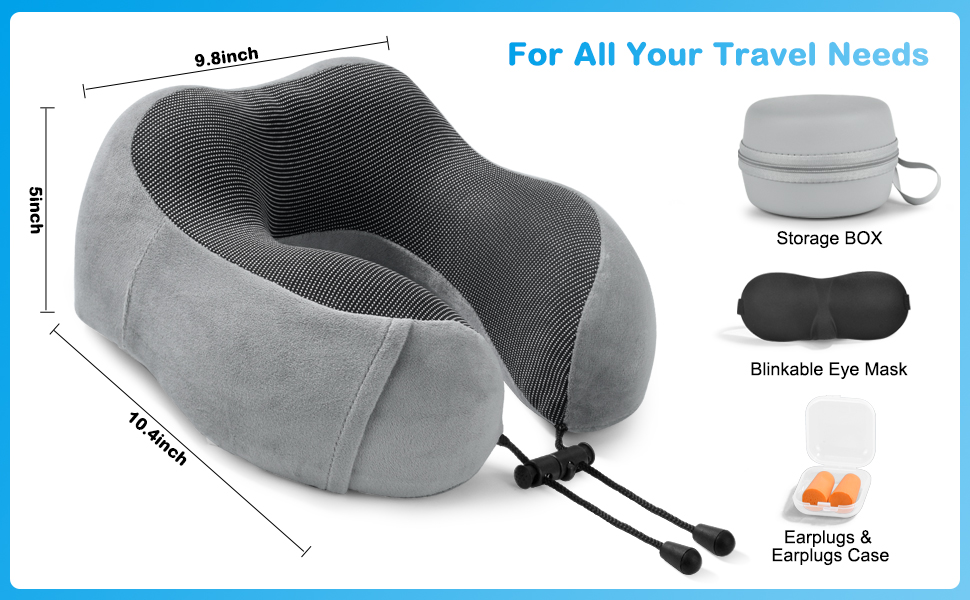 Подушка для шиї у літак: Memory Foam, регульована, компактна, з чохлом для зберігання, навушниками та маскою для сну (сіра)