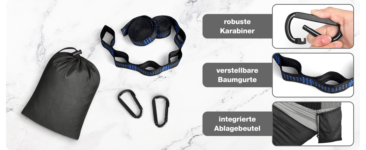 Гамак дорожній Camping 295x140 см, вантажність 350 кг, з карабінами та ременями, чорно-сірий