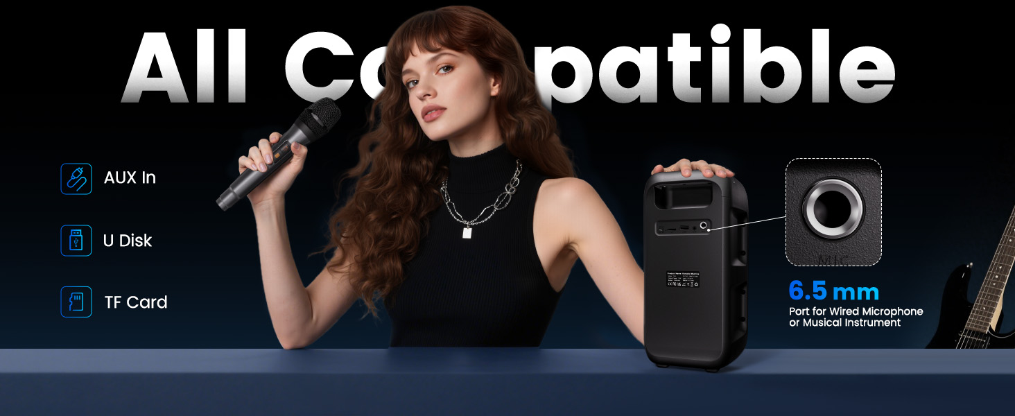 Караоке машина з 2 мікрофонами, портативна Bluetooth колонка з LED-підсвіткою, чорна