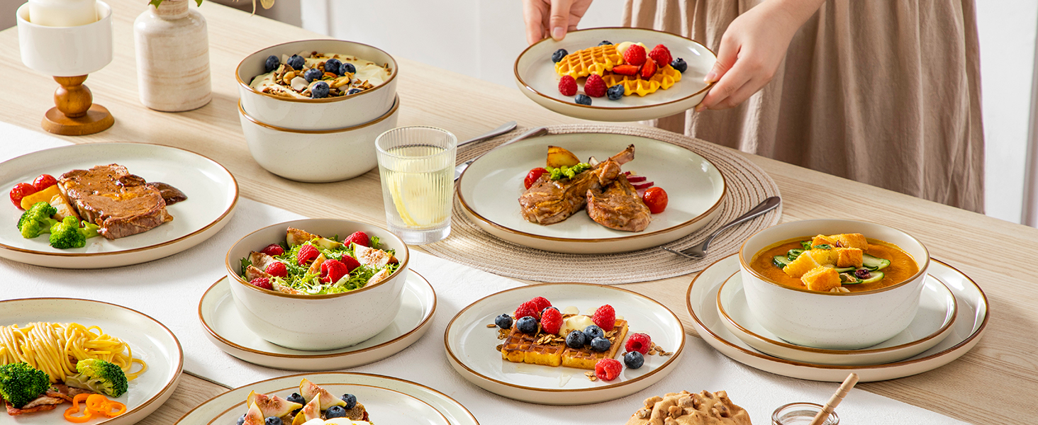 Набір посуду на 6 осіб Vancasso RENO 24 шт. з каменю, сучасний сервіз: тарілки для їжі, супу, десерту, миски. Підходить для миття в посудомийній машині та використання в мікрохвильовій печі. (Бежевий, 36 шт.)