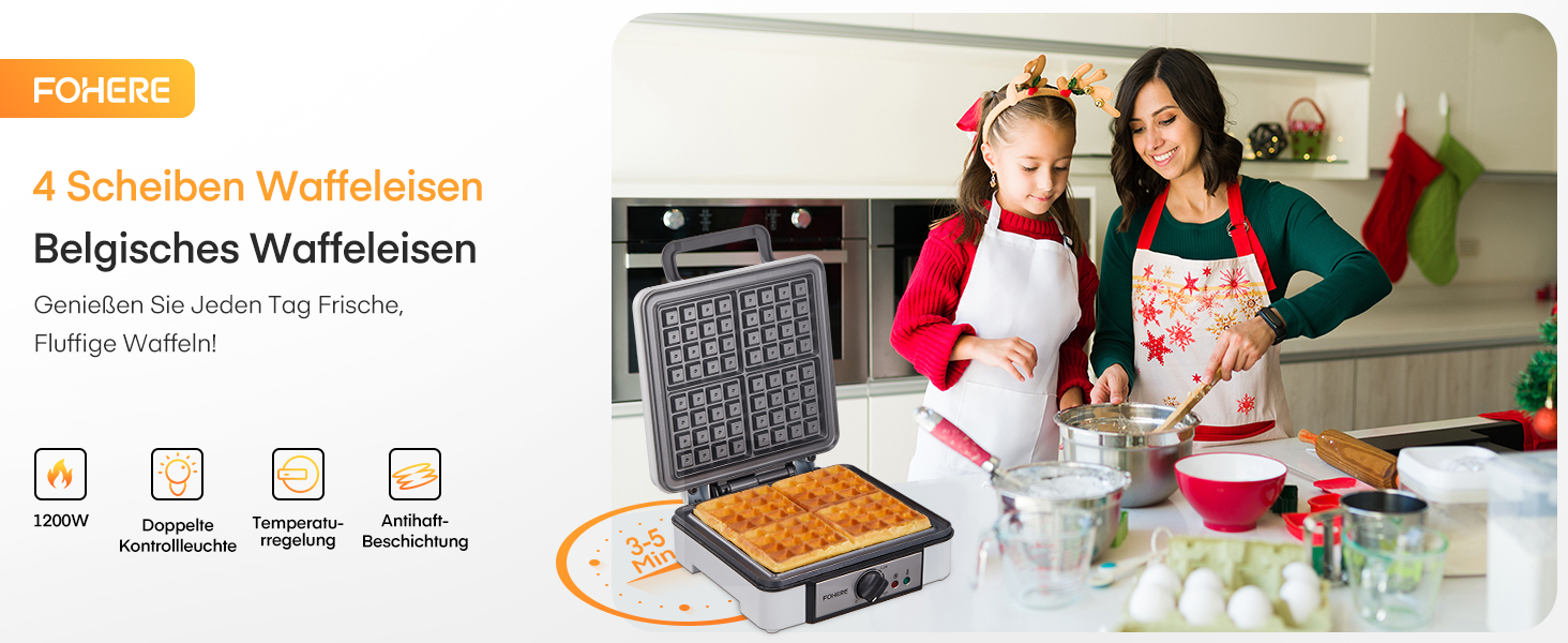 Електричний вафельниця FOHERE 4 вафлі, XXL, антипригарне покриття, Paninigrill, вафельниця для тостів, 1200 Вт