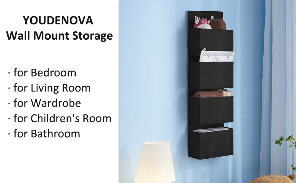 Органайзер для дверей Youdenova з 4 кишенями та 2 гачками, настінна полиця-органайзер для ванної, спальні, дитячої кімнати, чорний