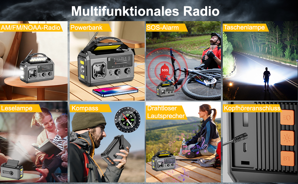 Радіо Kurbelradio на сонячній батареї 27000mAh з Bluetooth, FM/AM, SOS-сигналом, ліхтариком та компасом для кемпінгу та надзвичайних ситуацій, армійсько-зелений колір