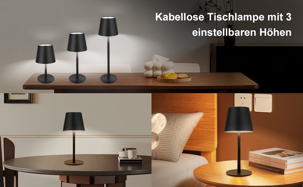 Світлодіодна настільна лампа бездротова з сенсорним керуванням, USB-C, димування, акумуляторна, 3 режими температури, регульована висота, IP54 водонепроникна для ресторану, спальні, бару, вулиці - Чорна