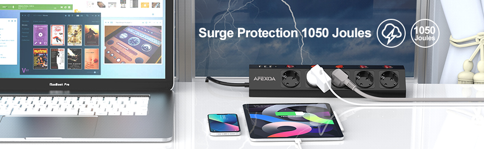 Многорозеткова смуга з 5 розетками та USB, біла, 3680W/16A, з USB-C та USB-A, швидка зарядка, захист від перенапруги, дитячий замок, для дому та офісу