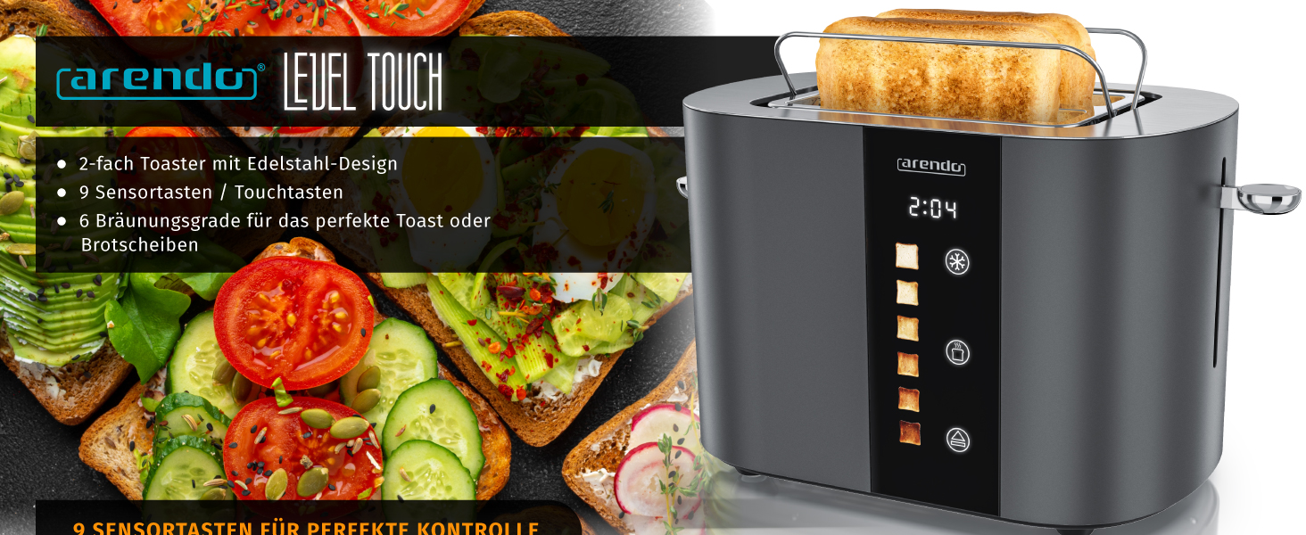 Тостер Arendo з нержавіючої сталі, 2 відділення, сенсорний екран, подвійні стінки, 800 Вт, підставка для тостів, 6 рівнів підсмажування, центрування хліба, індикатор часу, функція пам'яті (Колір: Cool Grey)