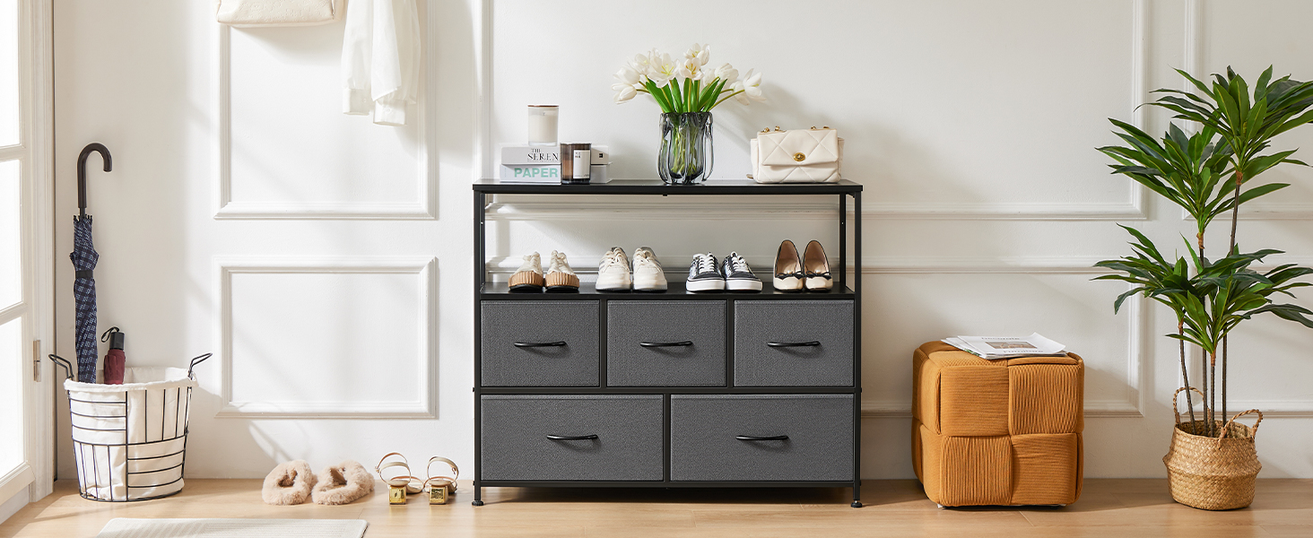 DUMOS Chest of Drawers with Drawers - Chests of Drawers & Sideboards for Bedrooms. Suitable, Chest of Drawers with 9 Drawers, Fabric Chest of Drawers with Sturdy Steel Frame, Ideal for Bedrooms, Living Rooms (Black) (5 TV Drawers Gray)