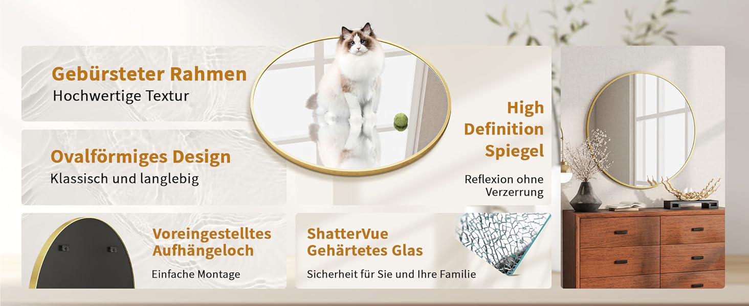 BEAUTYPEAK Дзеркало кругле 60 см з декоративним алюмінієвим каркасом, безпечне для ванної кімнати, для спальні, вітальні (106x106 см, золото)