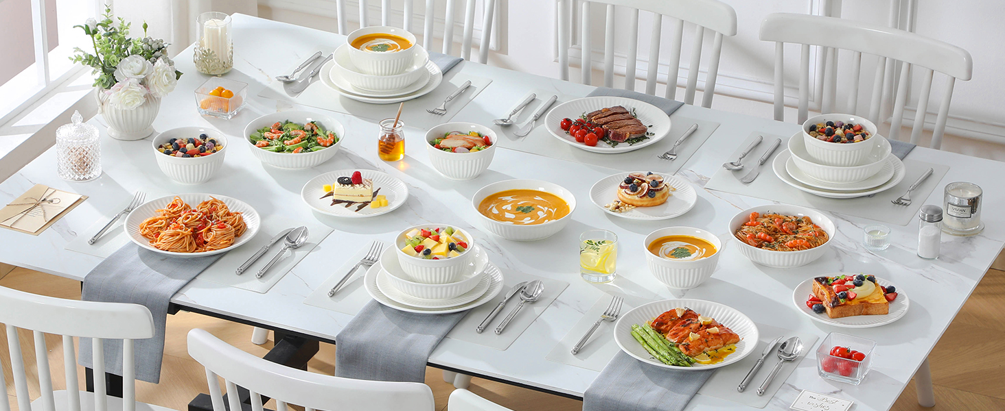 MALACASA LEILA Набір посуду на 6 осіб, 24 елементи: тарілки, миски, порцеляна, ручна робота, для мікрохвильовки та посудомийної машини, білий