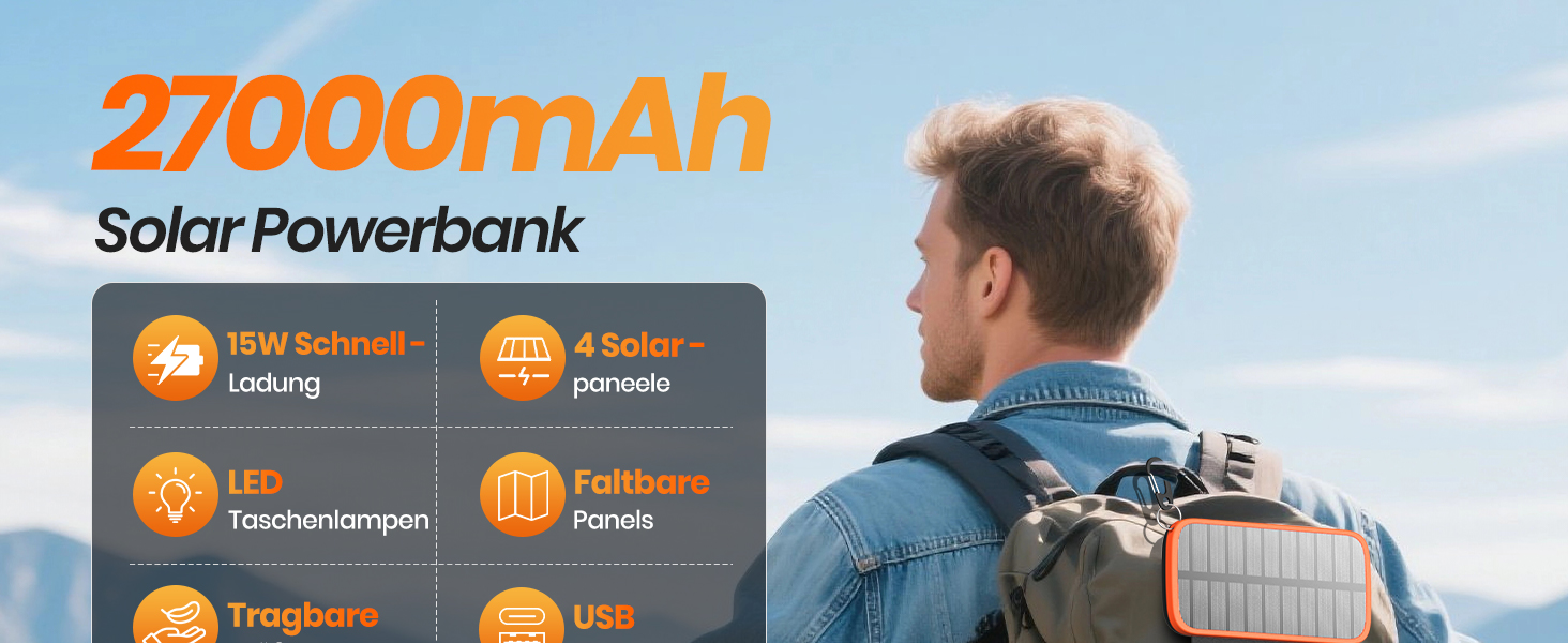 FEELLE Power Bank 27000mAh з сонячною панеллю, USB C PD QC 3.0, 3 USB виходи, ліхтарик, для смартфонів та планшетів