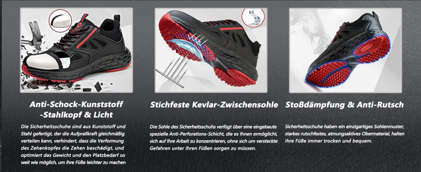 Черевики робочі ISOOUS для чоловіків та жінок. Безпекові черевики, легкі, з пластиковим носком, дихаючі, антиковзкі, модель снікерс, для кухні, спортивні, 48 EU, чорно-червоні