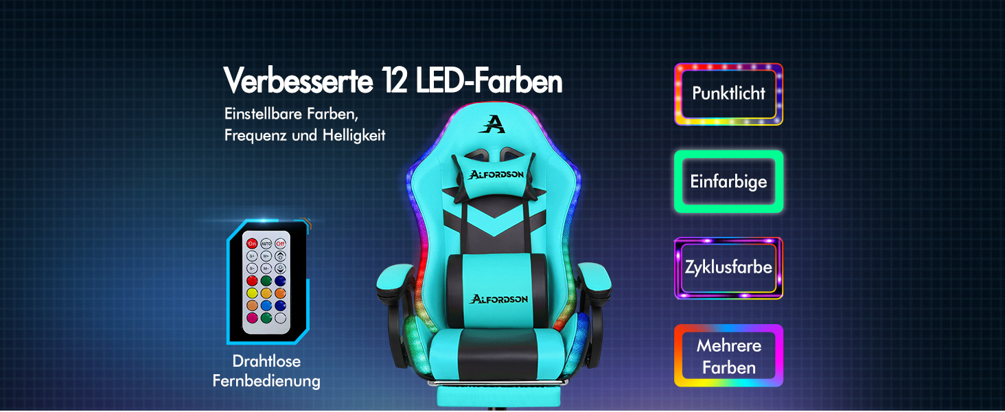 Ігровий крісло ALFORDSON з 8-точковим масажем, RGB LED-підсвічуванням (12 кольорів), ергономічний офісний крісло з підніжкою, підголівником та поперековою подушкою для дітей та дорослих, з PU-шкіри (Цянь)