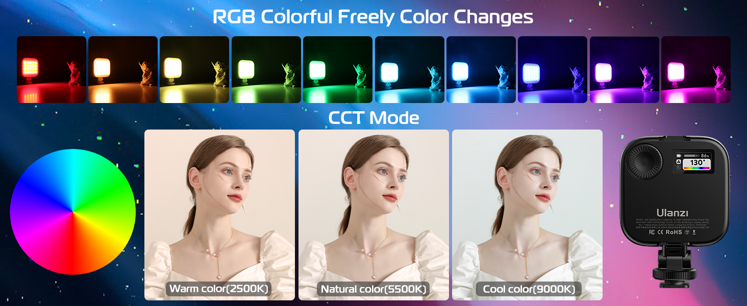 ULANZI U60 RGB LED Відеолампа: портативна фотоосвітлення з регулюванням температури кольору (2500-9000K), CRI 95+, 2500mAh, з кріпленням Cold Shoe та кліпсою