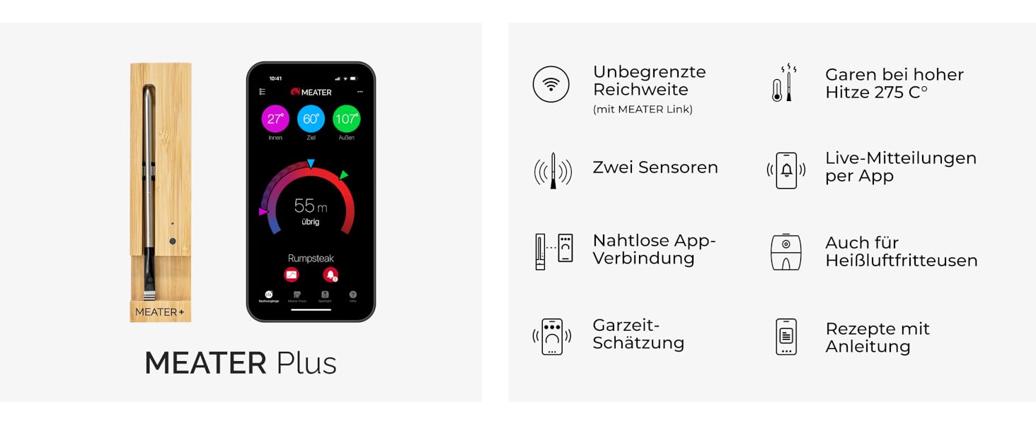 MEATER Plus — бездротовий смарт-термометр для м'яса з Bluetooth 50 м, для духовки, гриля, сковорідки та ростера, керування через додаток українською