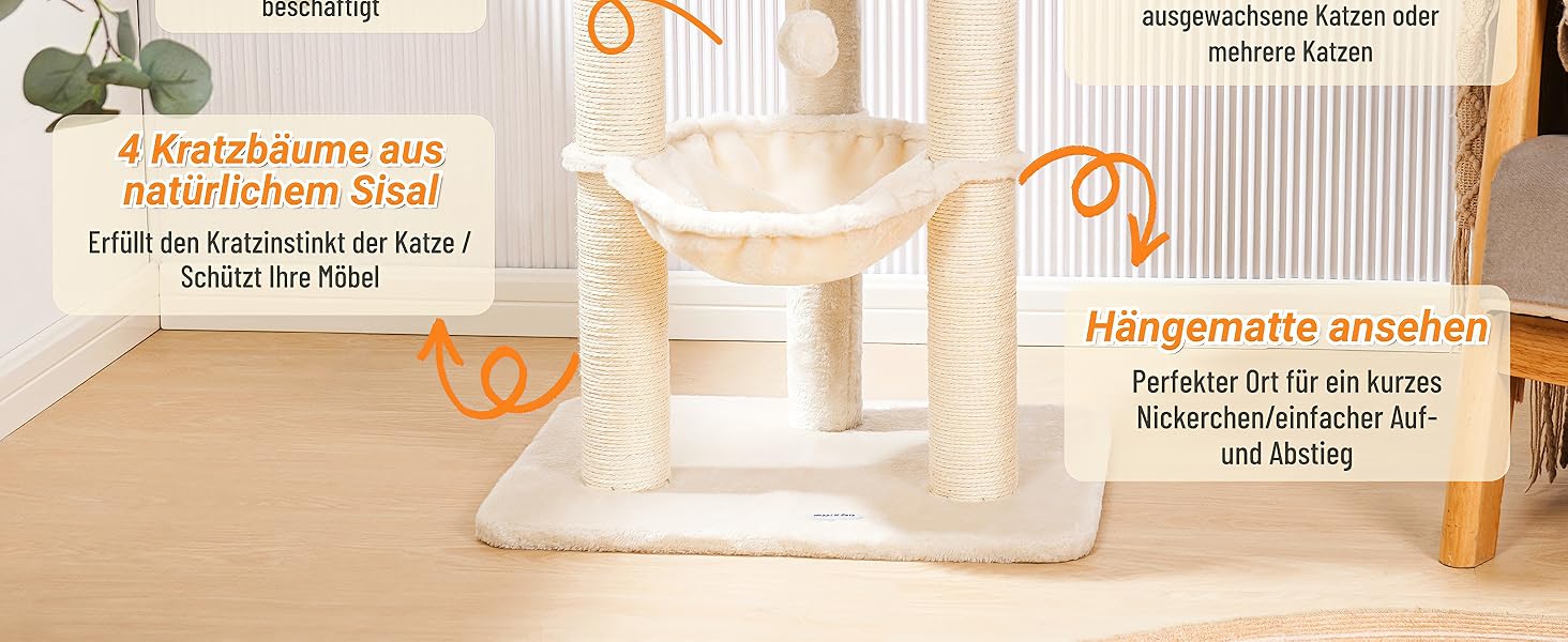 Дерево для котів Happi N Pets 71 см з лежаком та гамаком, покриття з сизалю, стабільна конструкція, знімний чохол, бежевий