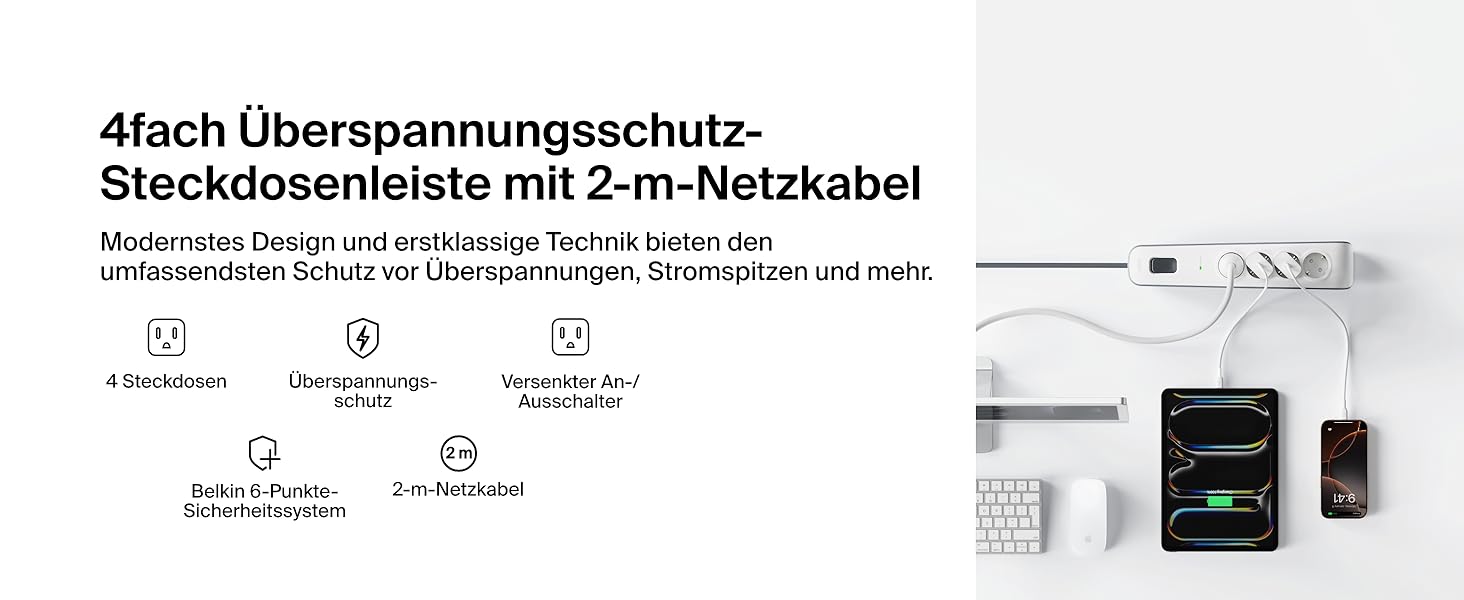 Мережевий фільтр Belkin з захистом від перенапруги, 6 розеток, 2 м кабель, 650 Дж, для дому та офісу