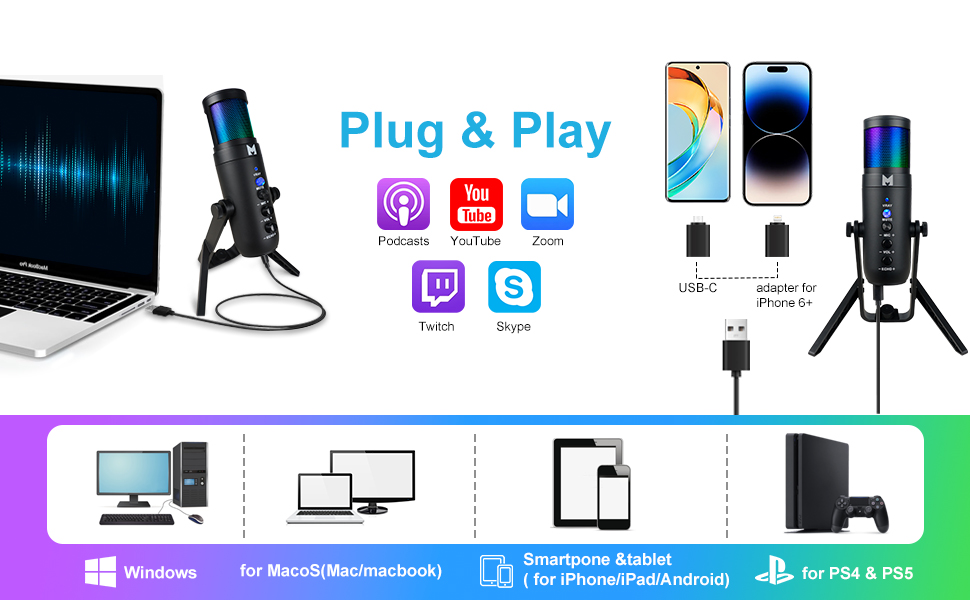 USB мікрофон для ПК, геймінгу, стрімінгу, подкастів та запису голосу. RGB-підсвітка, сумісний з телефоном, ПК, PS4, PS5 та Mac